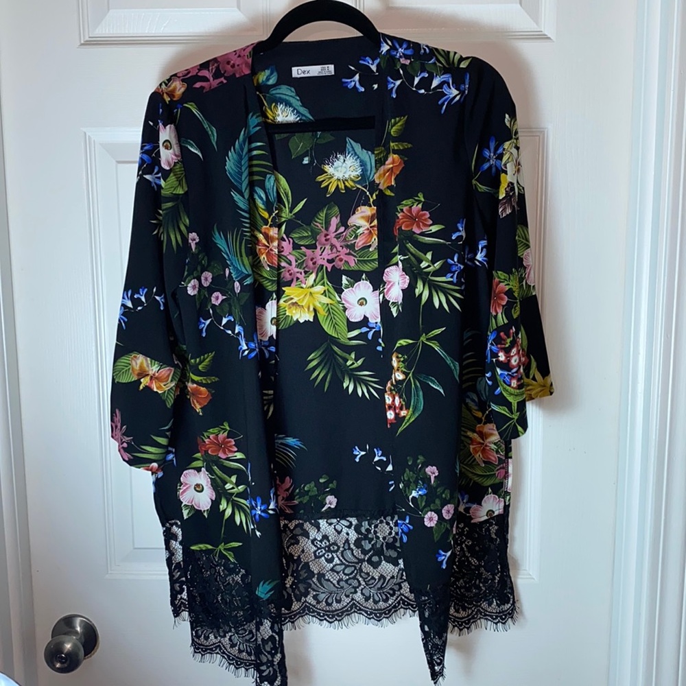 Dex Floral Open Front Cardigan Lightweight Lace Trim
